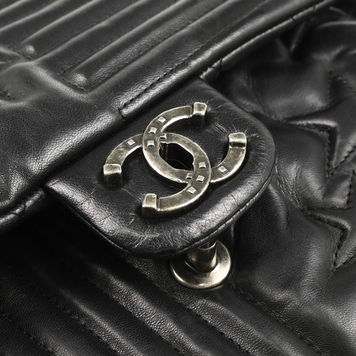 Chanel 2014 Black Lambskin Star Stitch Shoulder Bag