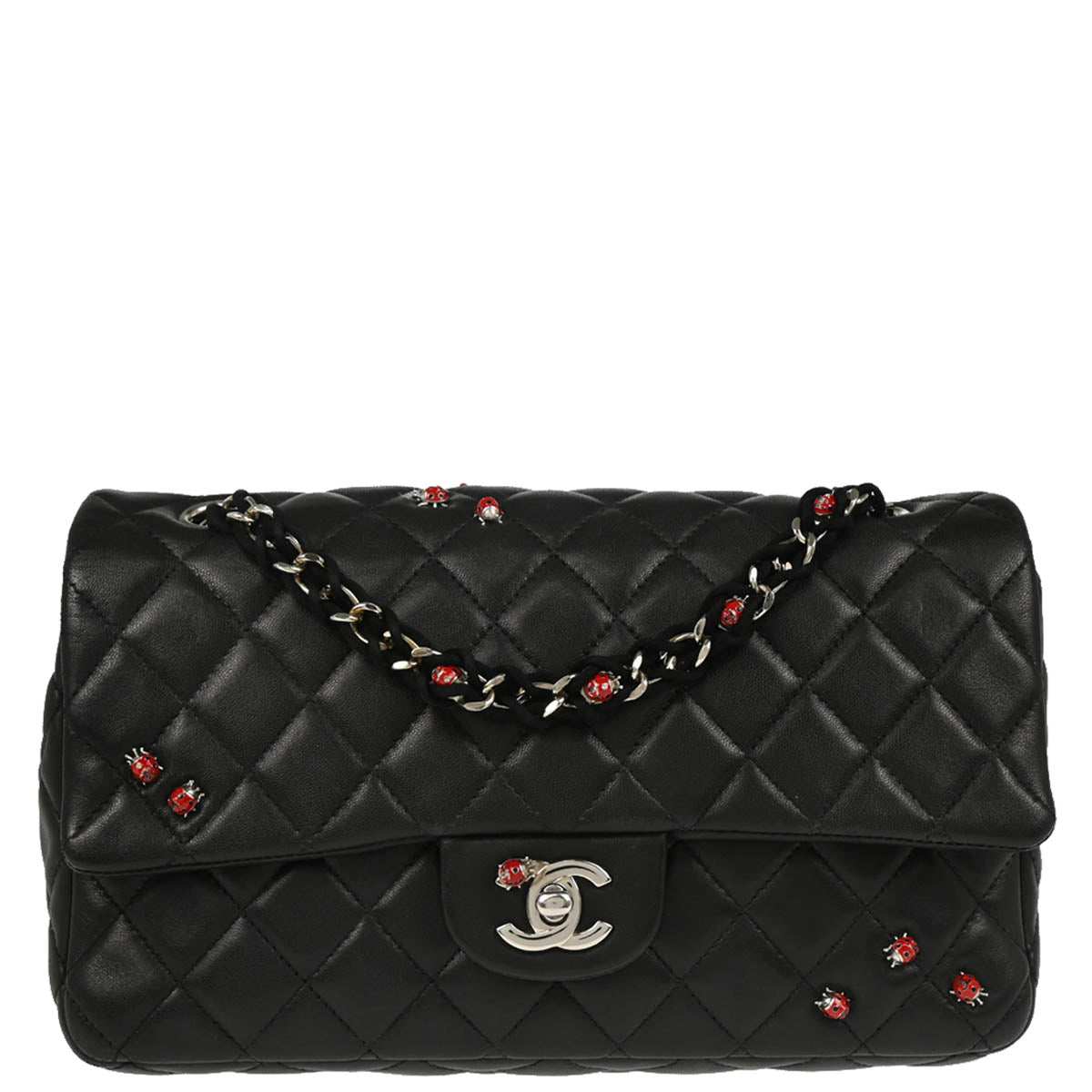 Chanel 2010-2011 Black Lambskin Ladybug Single Flap Shoulder Bag