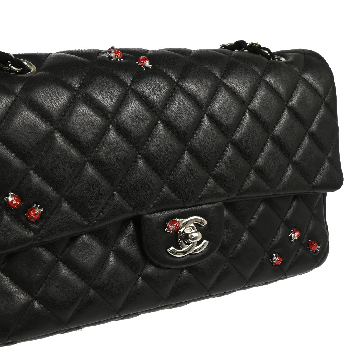 Chanel 2010-2011 Black Lambskin Ladybug Single Flap Shoulder Bag