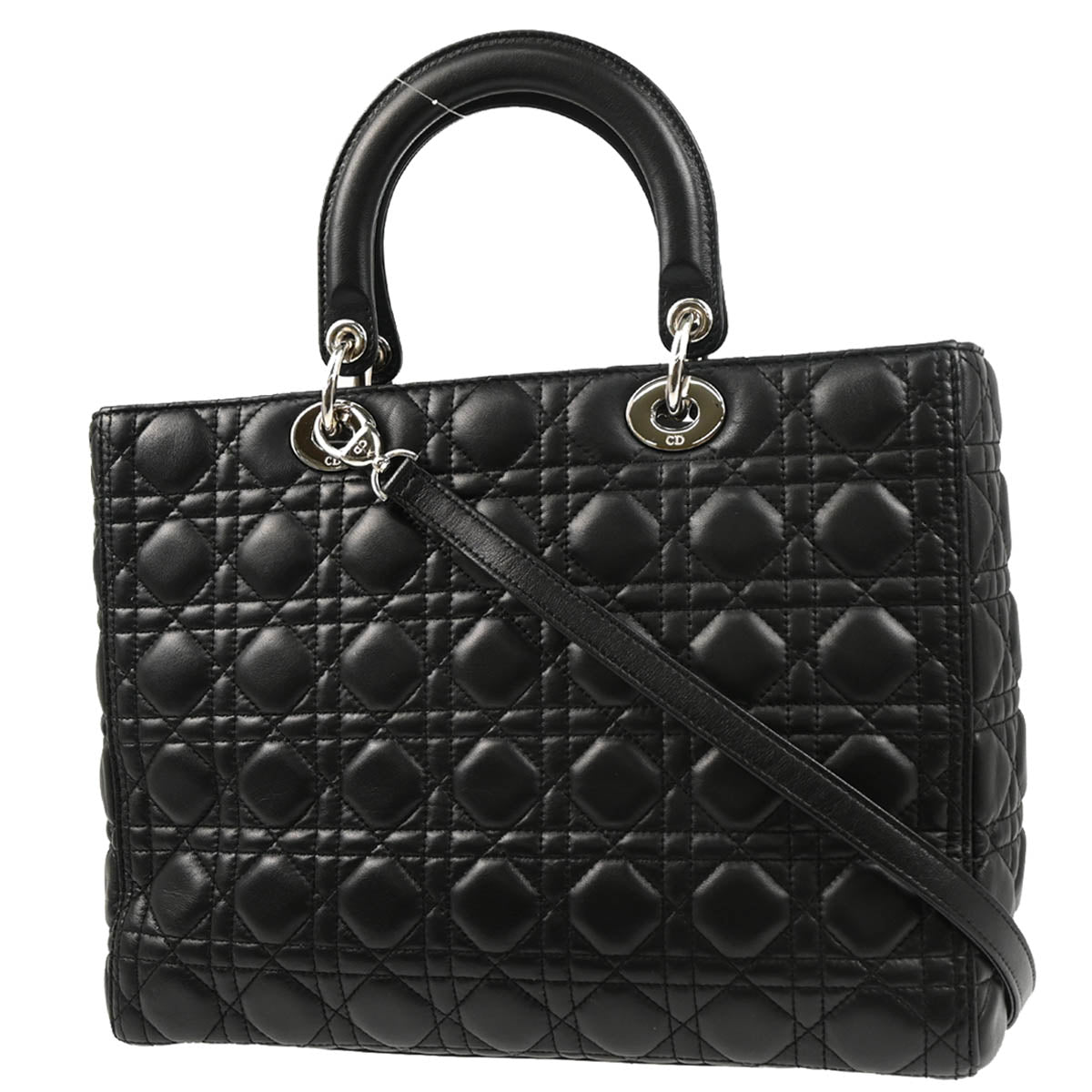 Christian Dior 2013 Black Lambskin Large Lady Dior Cannage 2way Shoulder Handbag