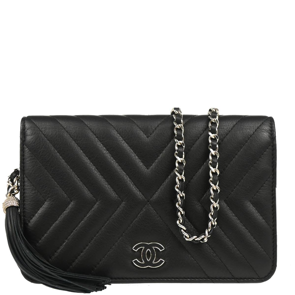 Chanel 2018 Black Lambskin Chevron Tassel WOC Shoulder Wallet Bag