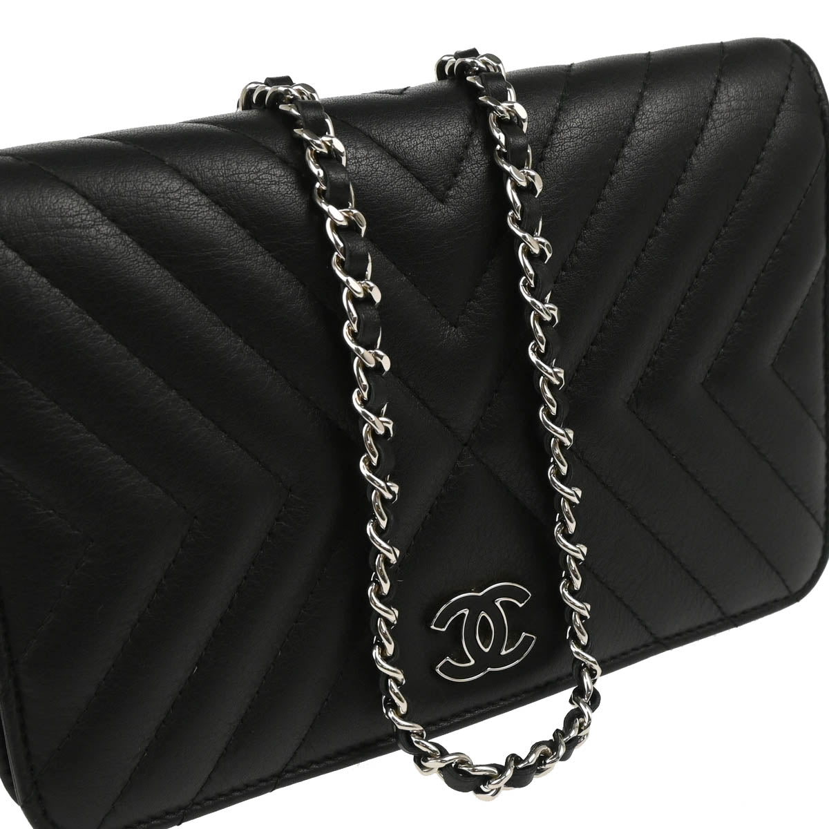 Chanel 2018 Black Lambskin Chevron Tassel WOC Shoulder Wallet Bag