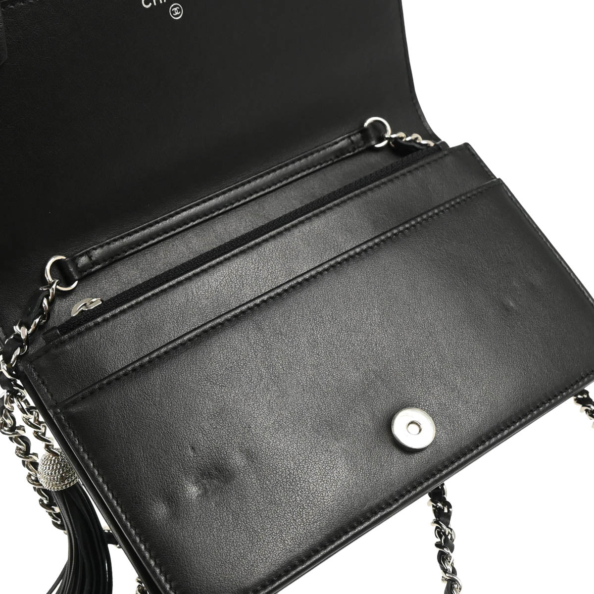 Chanel 2018 Black Lambskin Chevron Tassel WOC Shoulder Wallet Bag