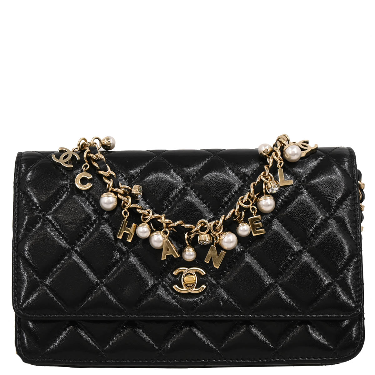 Chanel 2019 Black Lambskin Costume Pearl WOC Shoulder Wallet Bag