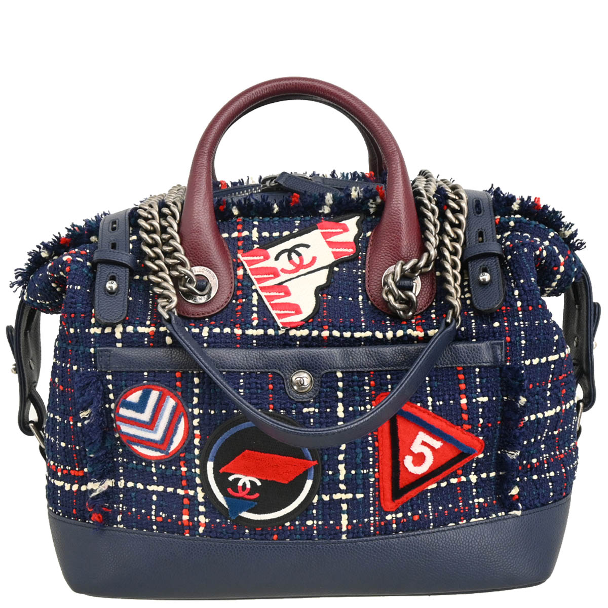 Chanel 2016-2017 Navy Tweed Caviar Airline 2way Shoulder Bowling Bag Handbag