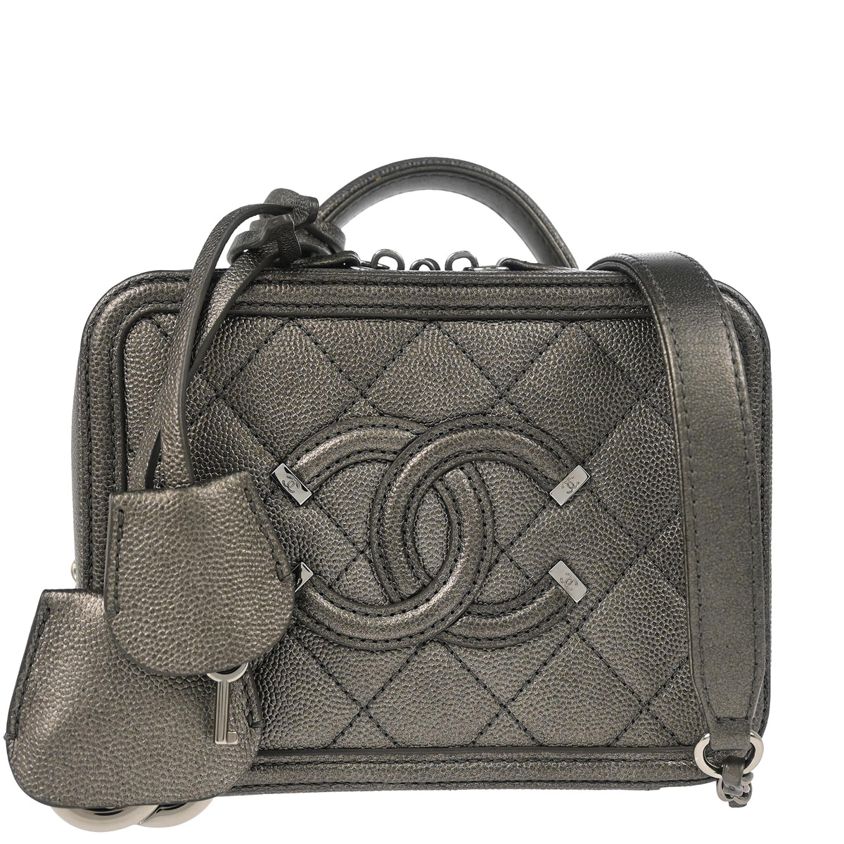 Chanel 2018-2019 Metallic Gray Caviar Filigree 2way Shoulder Vanity Handbag