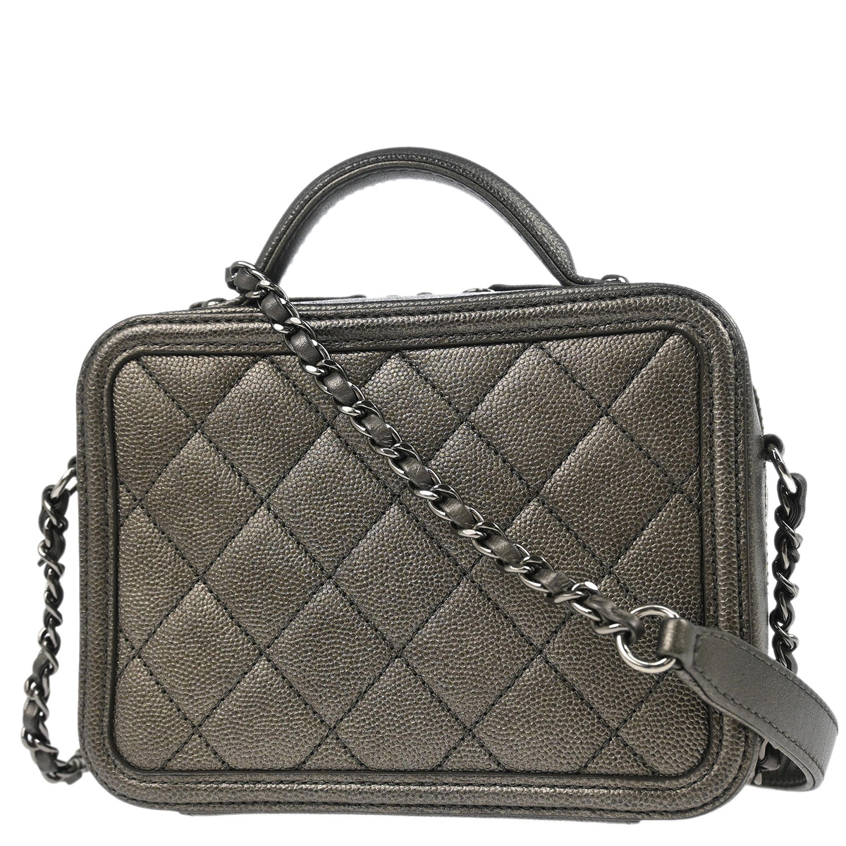 Chanel 2018-2019 Metallic Gray Caviar Filigree 2way Shoulder Vanity Handbag