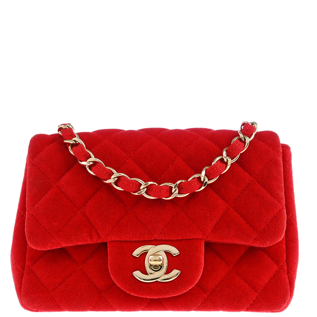 Chanel 2017 Red Velvet Mini Classic Square Flap Shoulder Bag