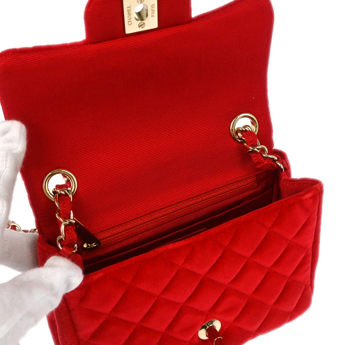 Chanel 2017 Red Velvet Mini Classic Square Flap Shoulder Bag