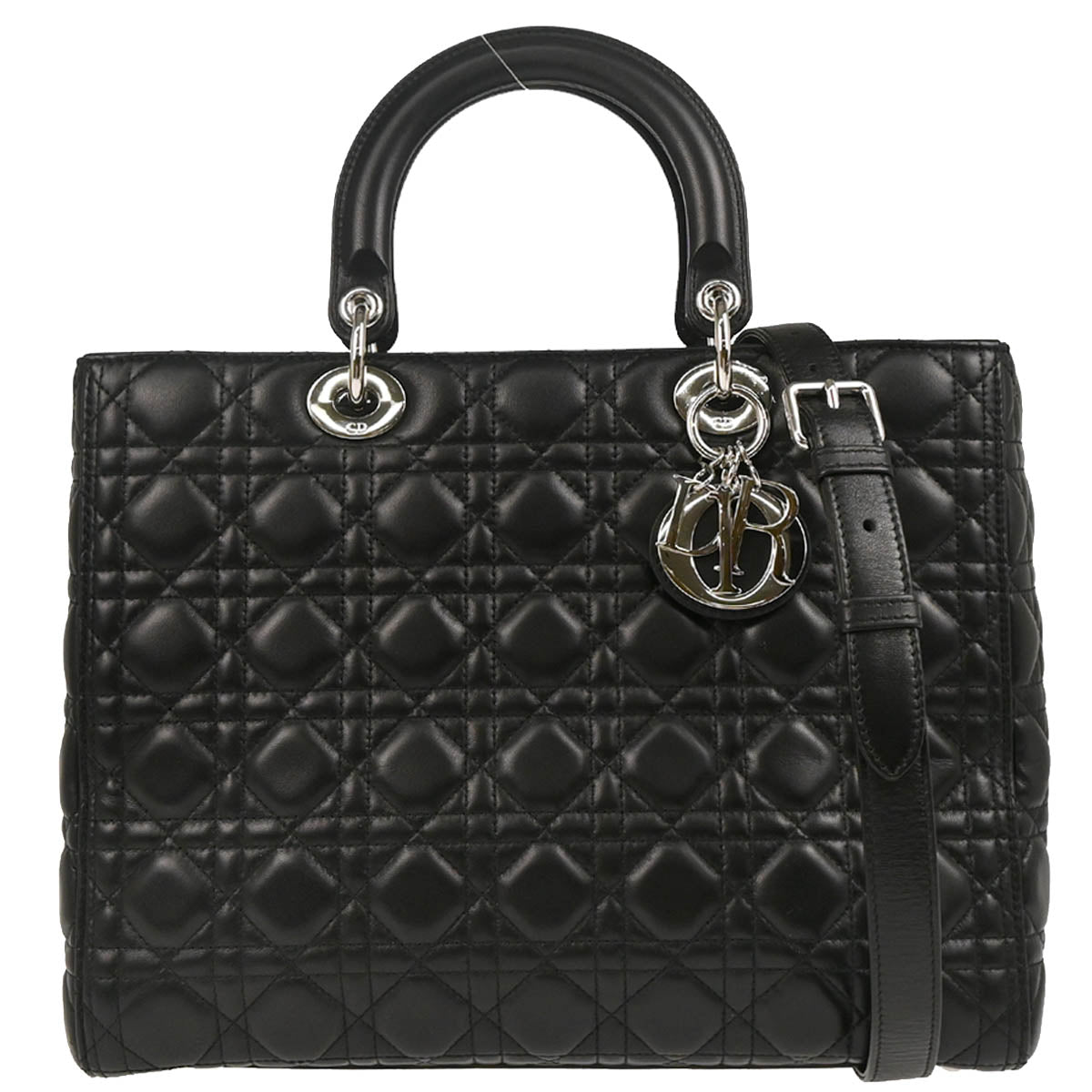Christian Dior 2017 Black Lambskin Large Lady Dior Cannage 2way Handbag