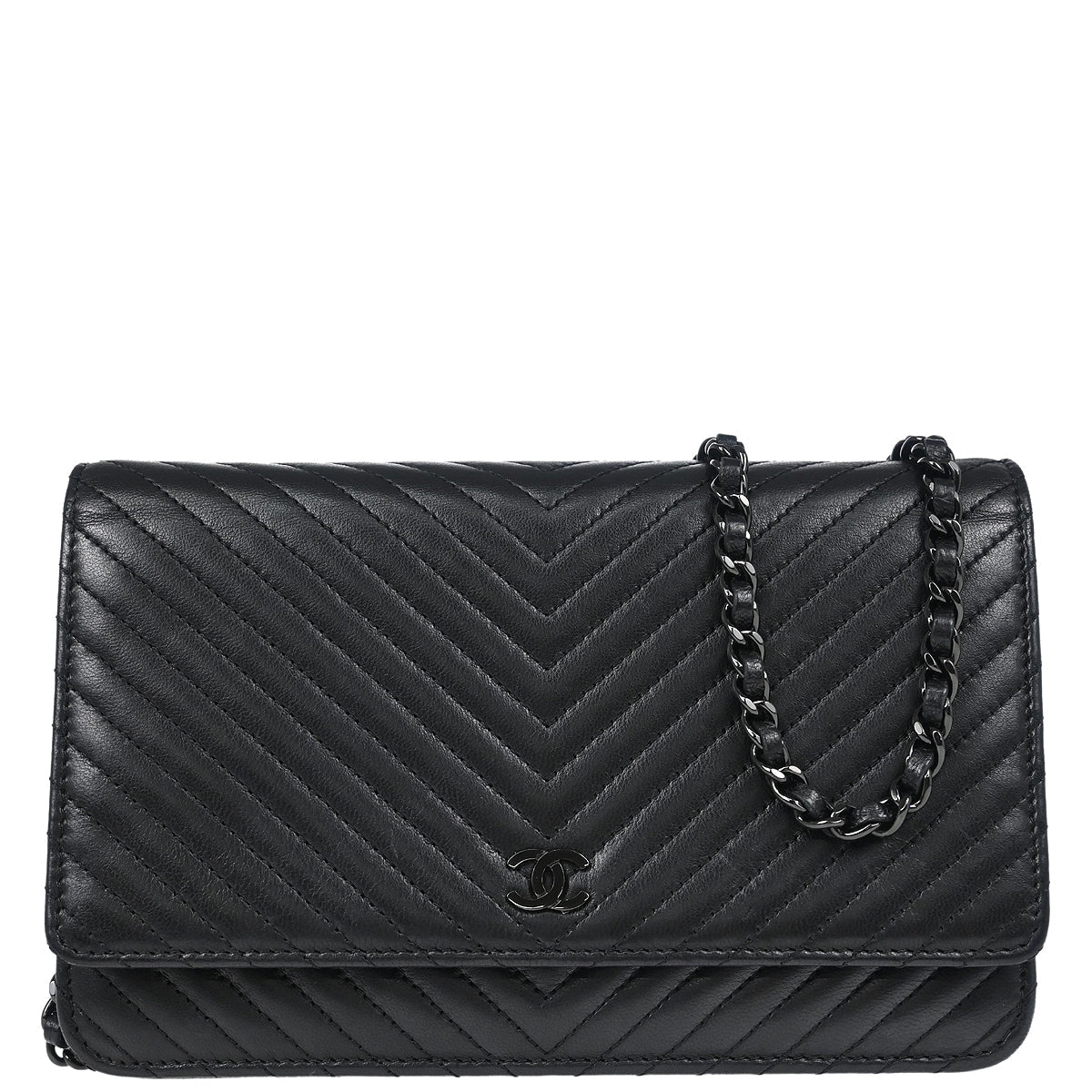 Chanel 2014-2015 Black Lambskin Chevron Classic WOC Shoulder Wallet Bag