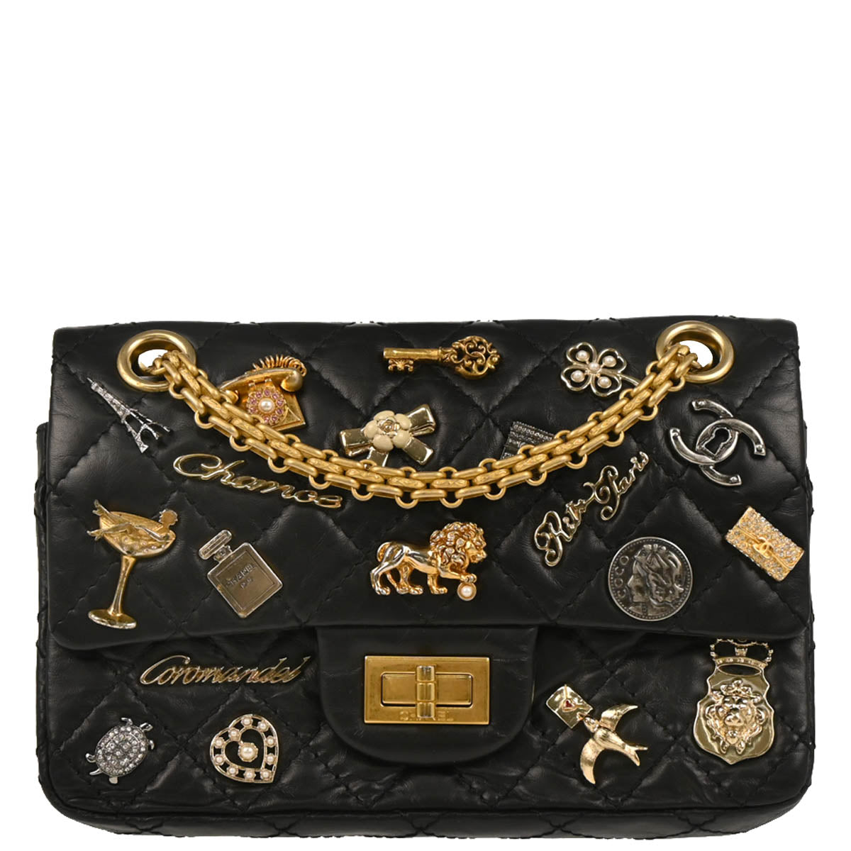 Chanel 2017-2018 Black Calfskin Lucky Charm 2.55 Classic Double Flap Shoulder Bag