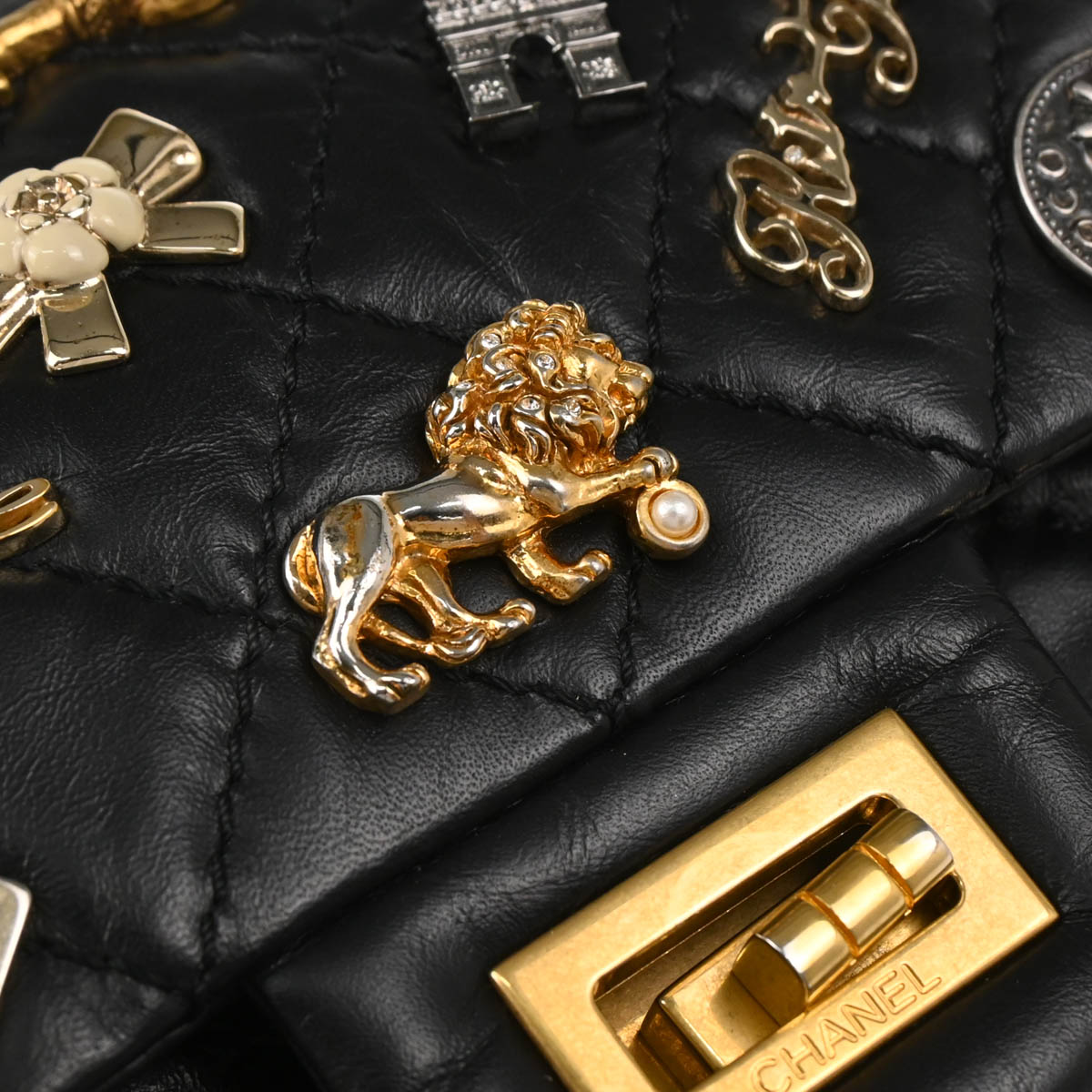 Chanel 2017-2018 Black Calfskin Lucky Charm 2.55 Classic Double Flap Shoulder Bag