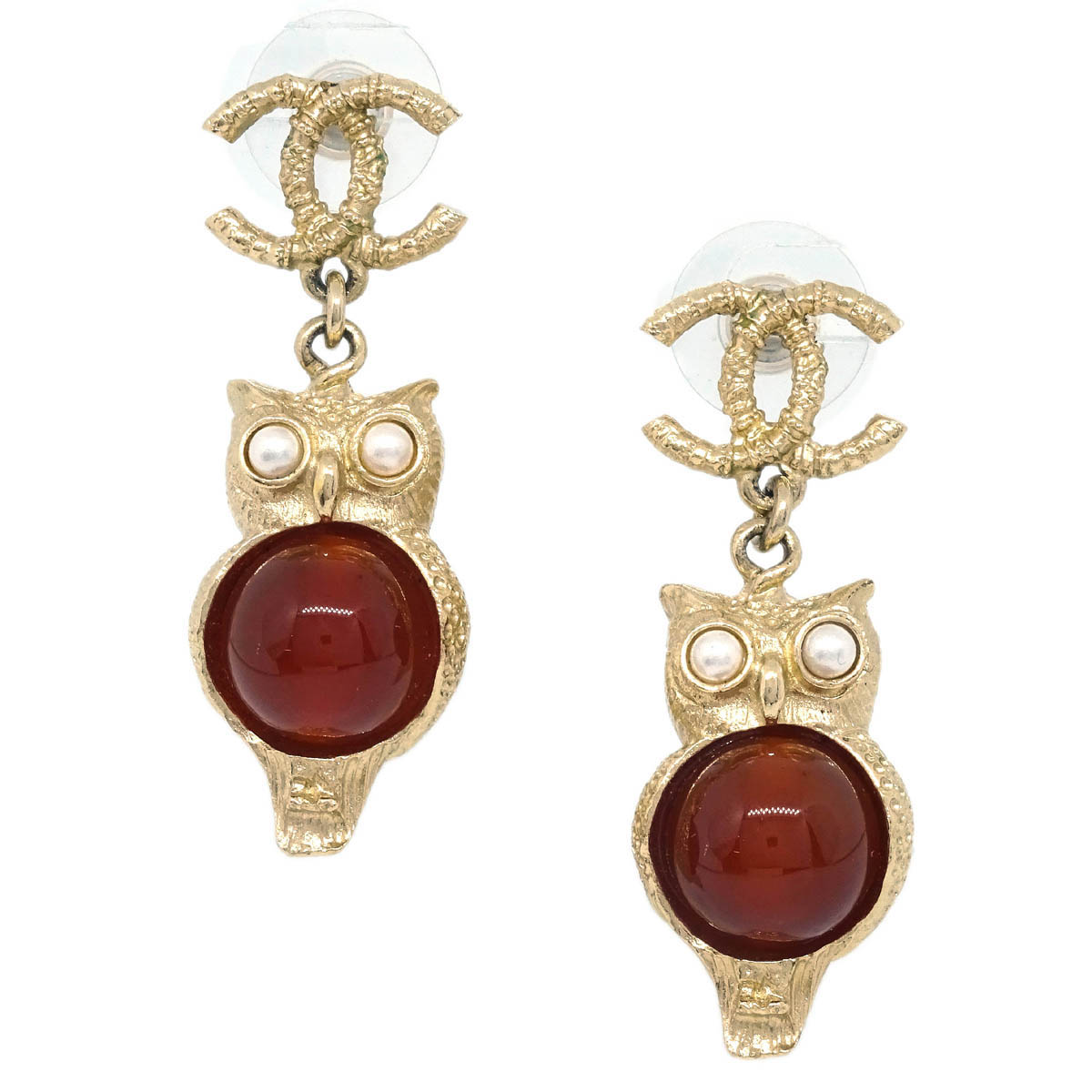Chanel Dangle Piercing Earrings Gold Costume Pearl A18C
