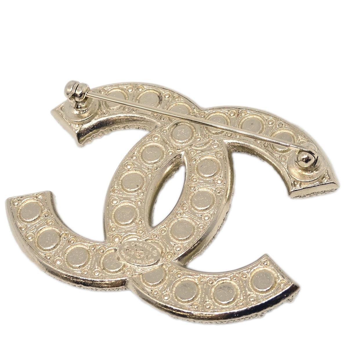 Chanel CC Brooch Pin Gold Rhinestone Costume Pearl F19V
