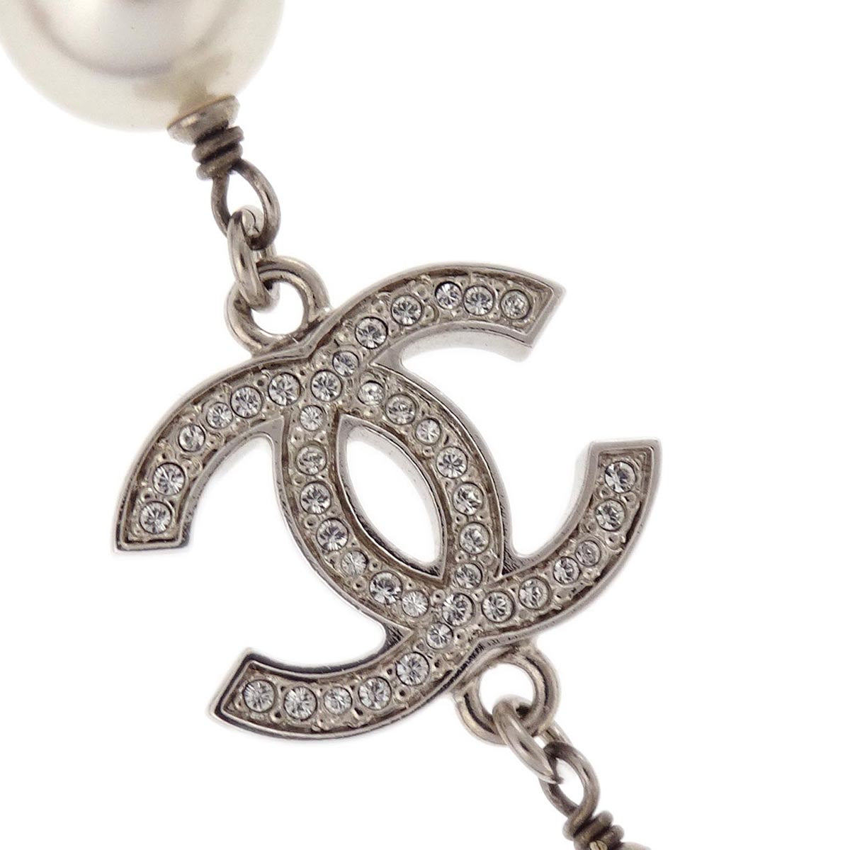 Chanel Costume Pearl Rhinestone Necklace Silver A19V