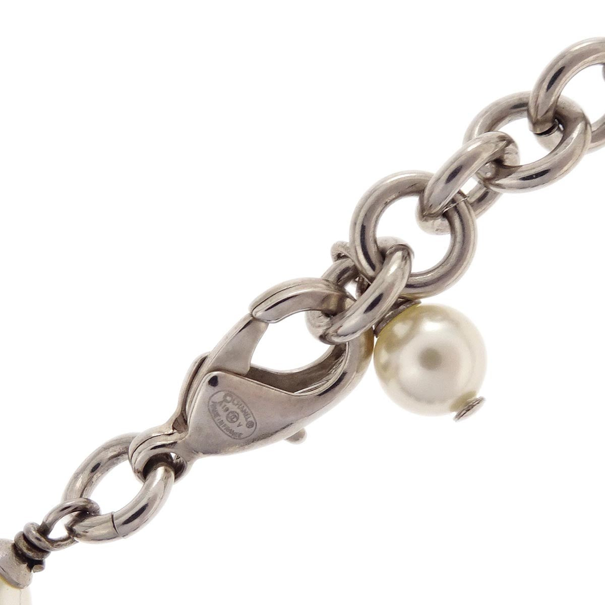 Chanel Costume Pearl Rhinestone Necklace Silver A19V