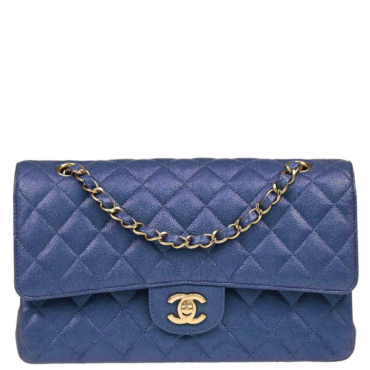 Chanel 2019 Metallic Blue Caviar Medium Classic Double Flap Shoulder Bag