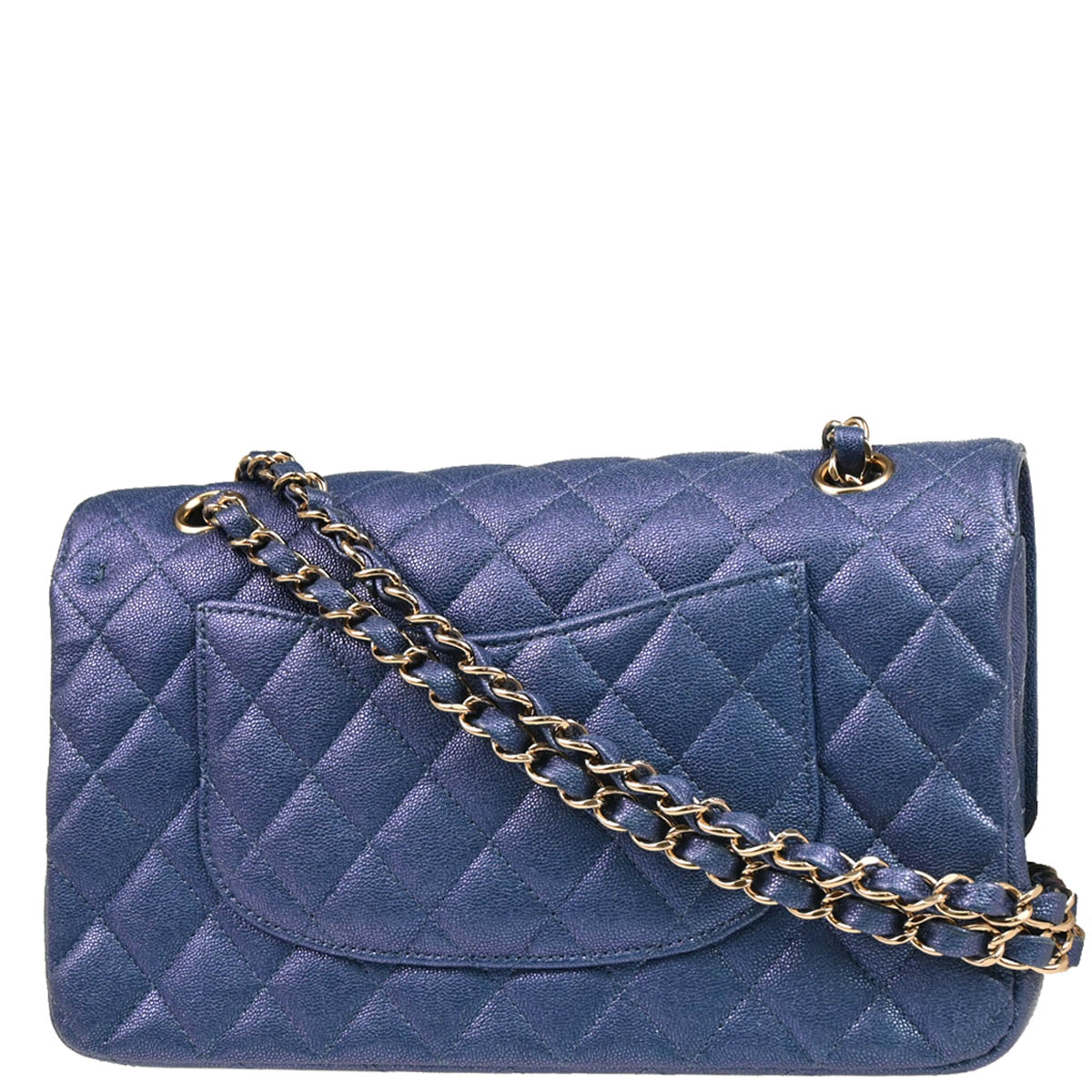 Chanel 2019 Metallic Blue Caviar Medium Classic Double Flap Shoulder Bag