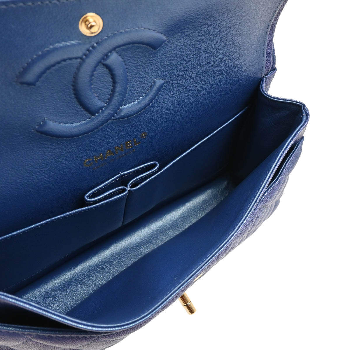 Chanel 2019 Metallic Blue Caviar Medium Classic Double Flap Shoulder Bag
