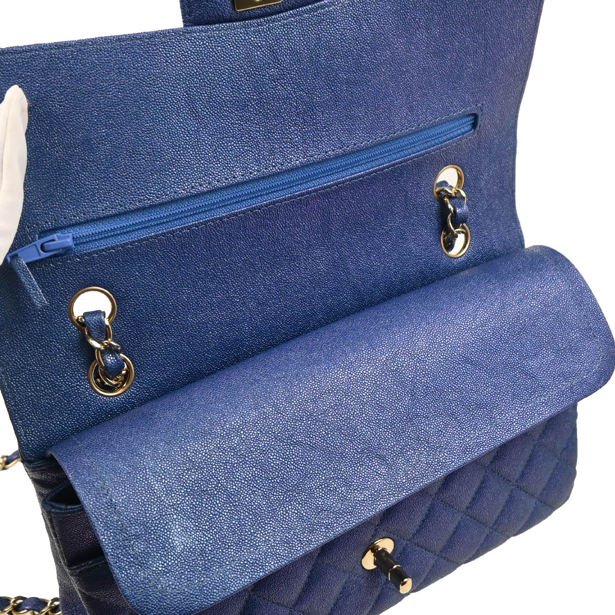 Chanel 2019 Metallic Blue Caviar Medium Classic Double Flap Shoulder Bag