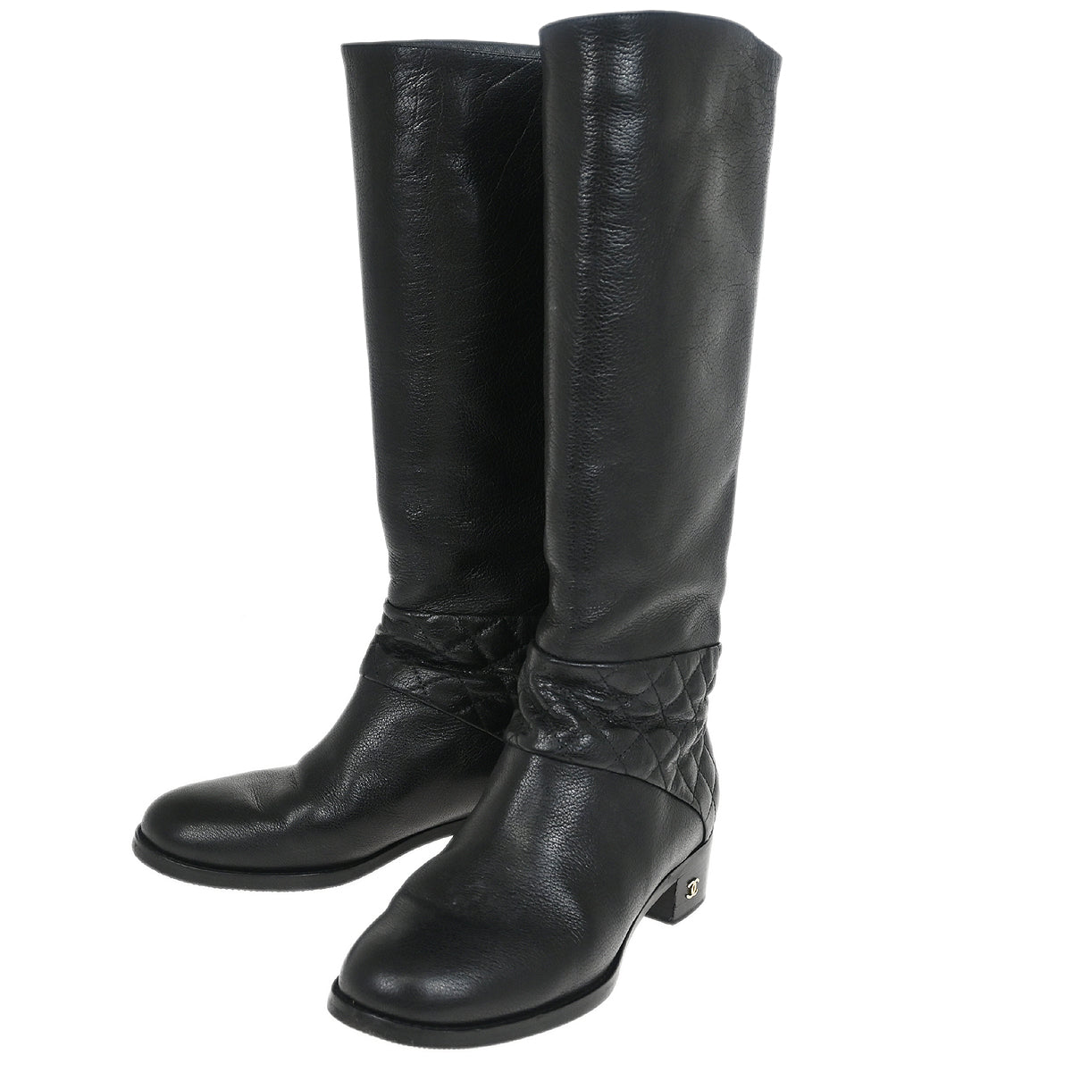 Chanel * Black Leather Shoes Boots #37