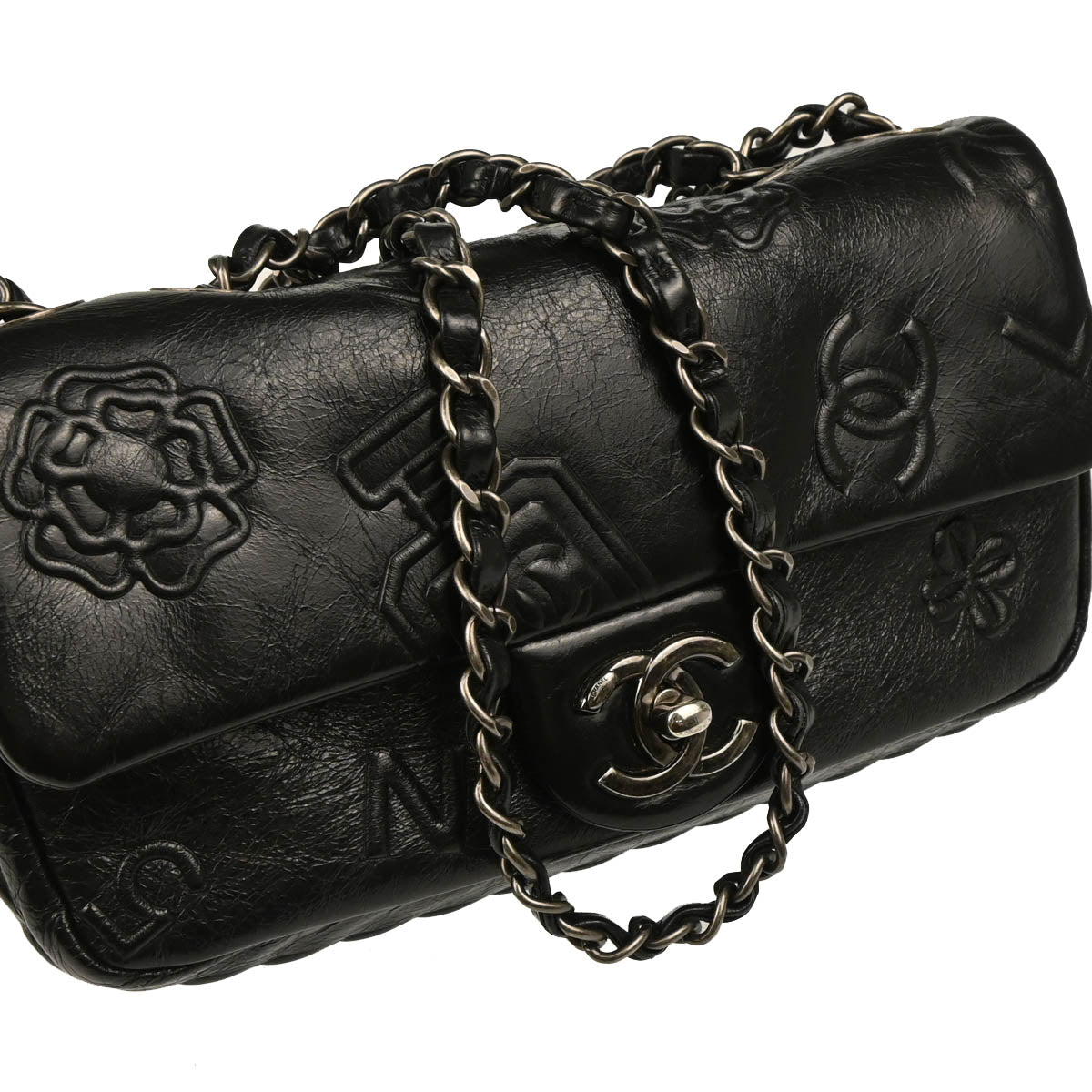 Chanel 2014 Black Embossed Calfskin Icon Small Shoulder Bag