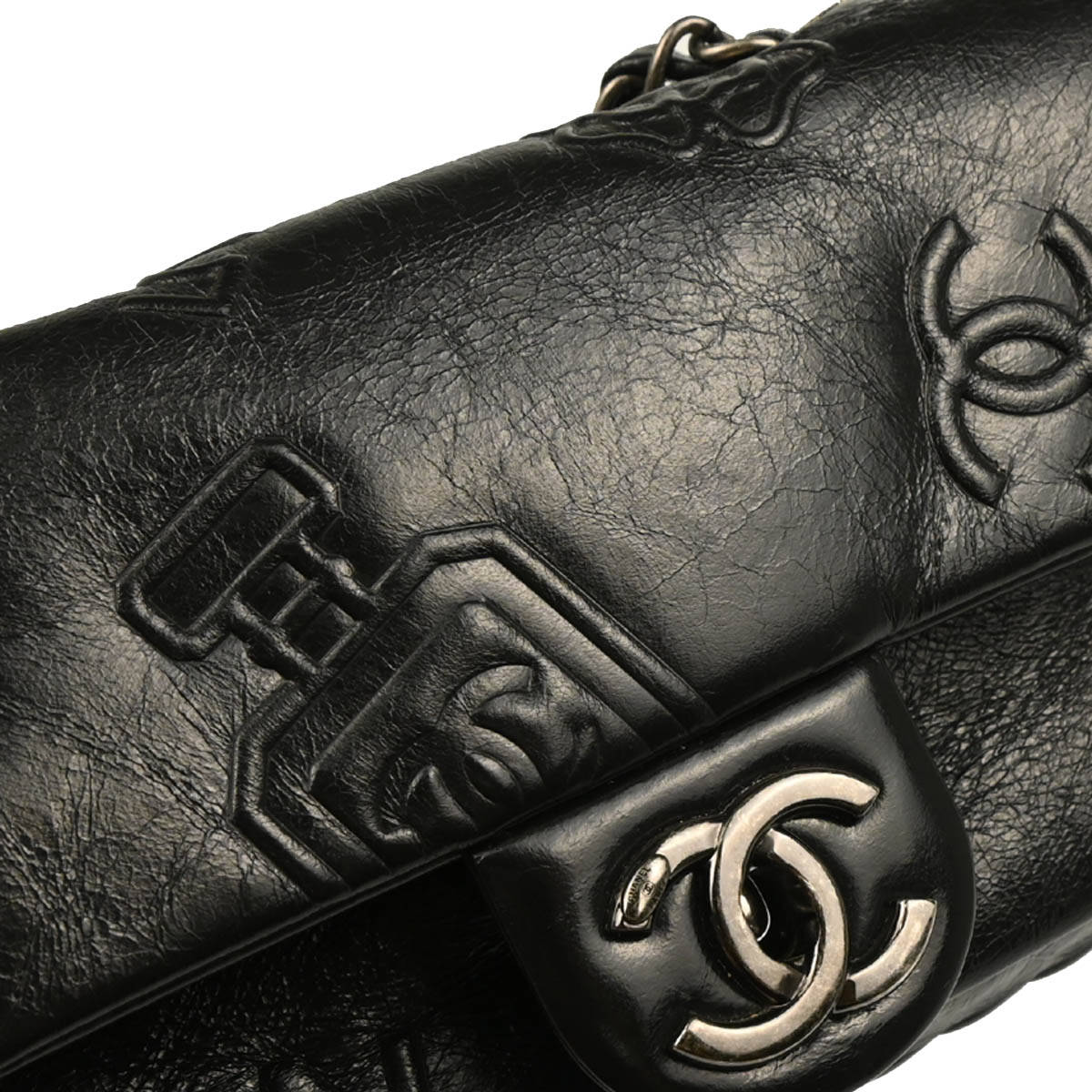 Chanel 2014 Black Embossed Calfskin Icon Small Shoulder Bag