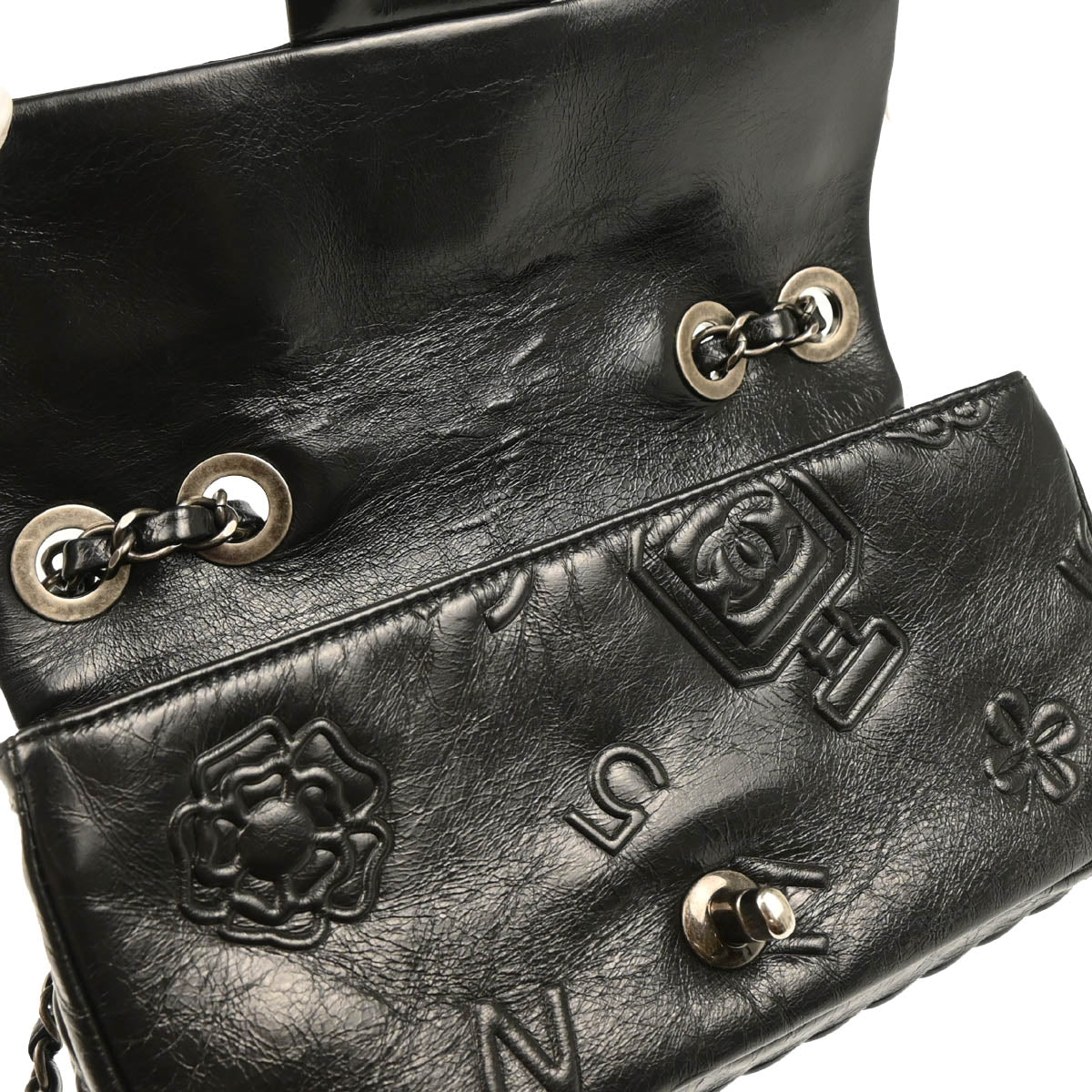 Chanel 2014 Black Embossed Calfskin Icon Small Shoulder Bag