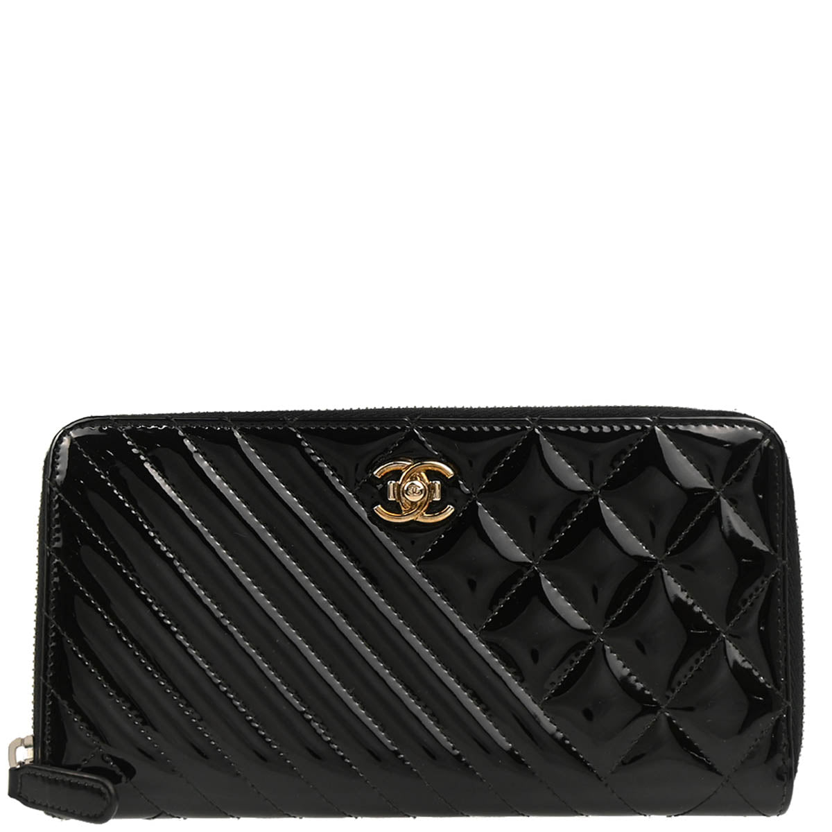 Chanel 2016-2017 Black Patent Leather Coco Boy Zip Around Wallet