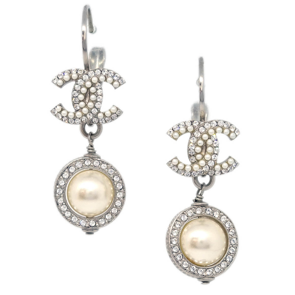 Chanel Dangle Piercing Earrings Rhinestone Costume Pearl Silver 18P