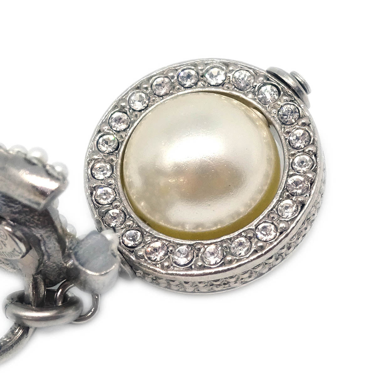 Chanel Dangle Piercing Earrings Rhinestone Costume Pearl Silver 18P