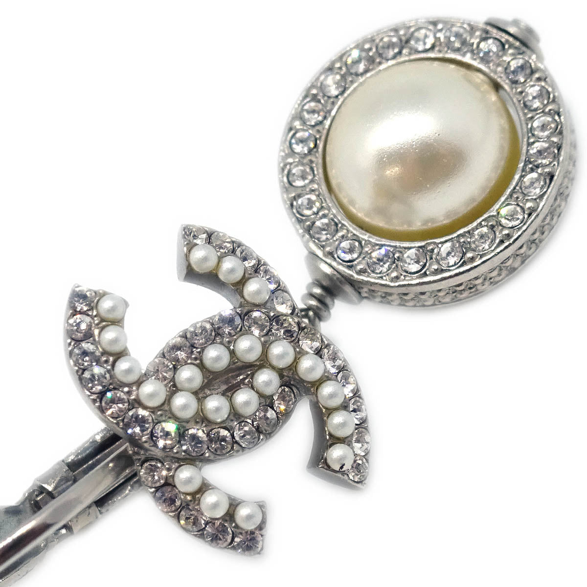 Chanel Dangle Piercing Earrings Rhinestone Costume Pearl Silver 18P