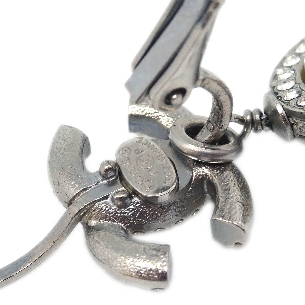 Chanel Dangle Piercing Earrings Rhinestone Costume Pearl Silver 18P