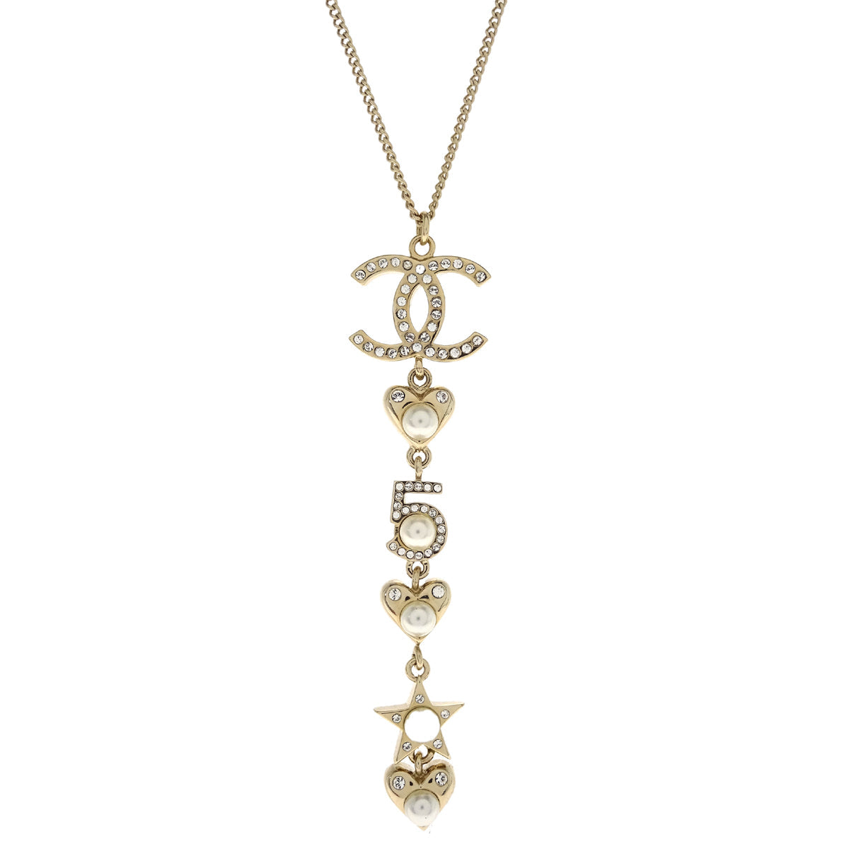 Chanel CC Chain Necklace Pendant Rhinestone Costume Pearl Gold B19B