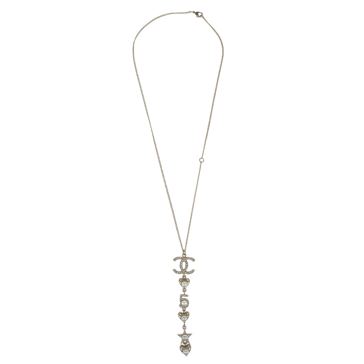 Chanel CC Chain Necklace Pendant Rhinestone Costume Pearl Gold B19B
