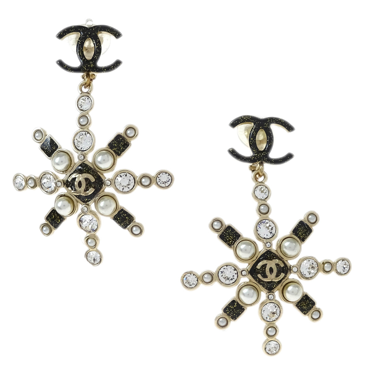 Chanel Snowflake Dangle Earrings Clip-On Gold Rhinestone B19B