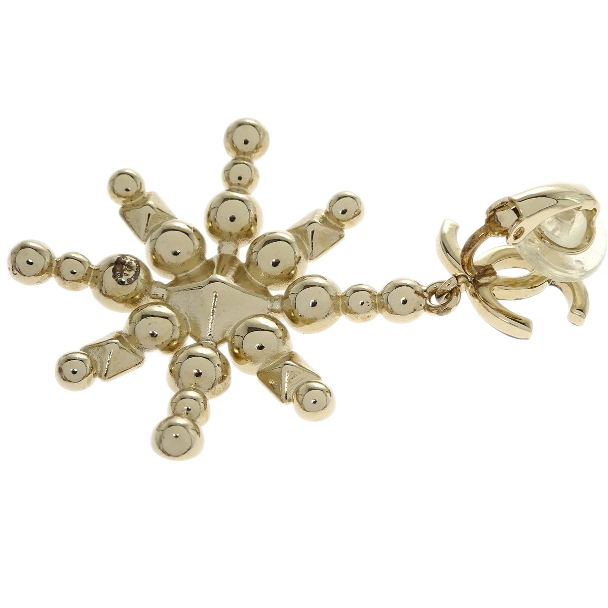 Chanel Snowflake Dangle Earrings Clip-On Gold Rhinestone B19B
