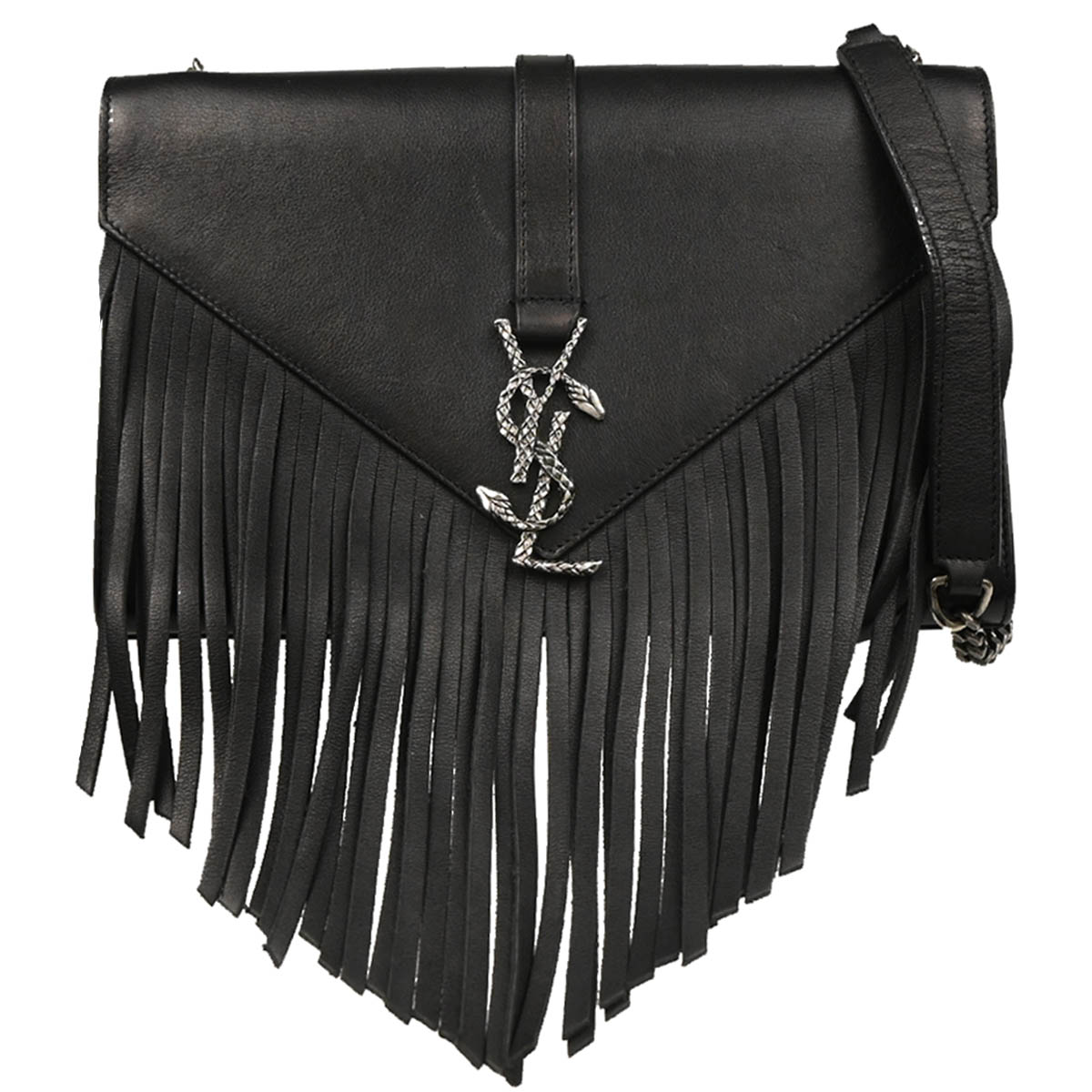 Saint Laurent Black Leather Fringe Chain Shoulder Bag