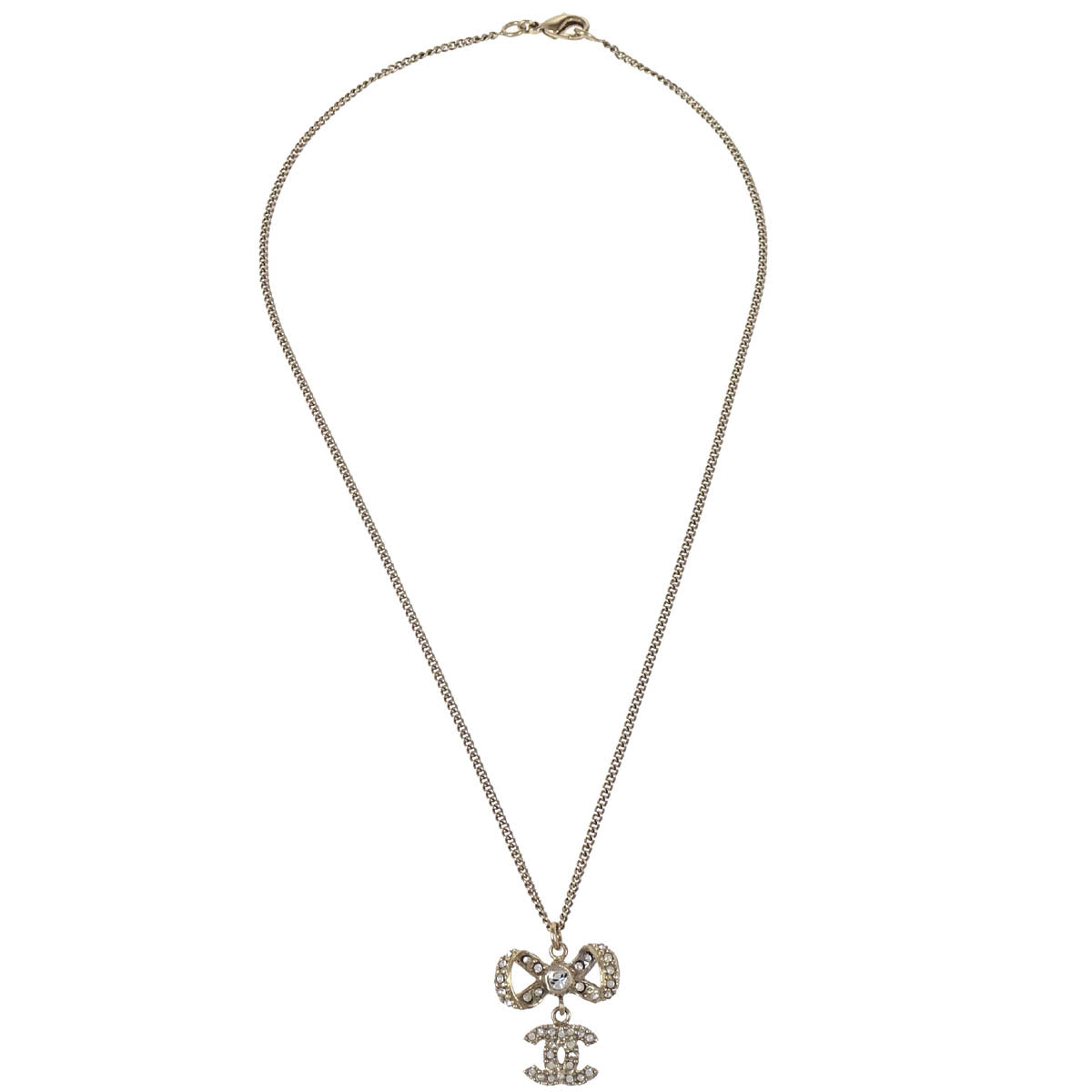 Chanel Gold Chain Pendant Necklace Rhinestone Bow CC B12P