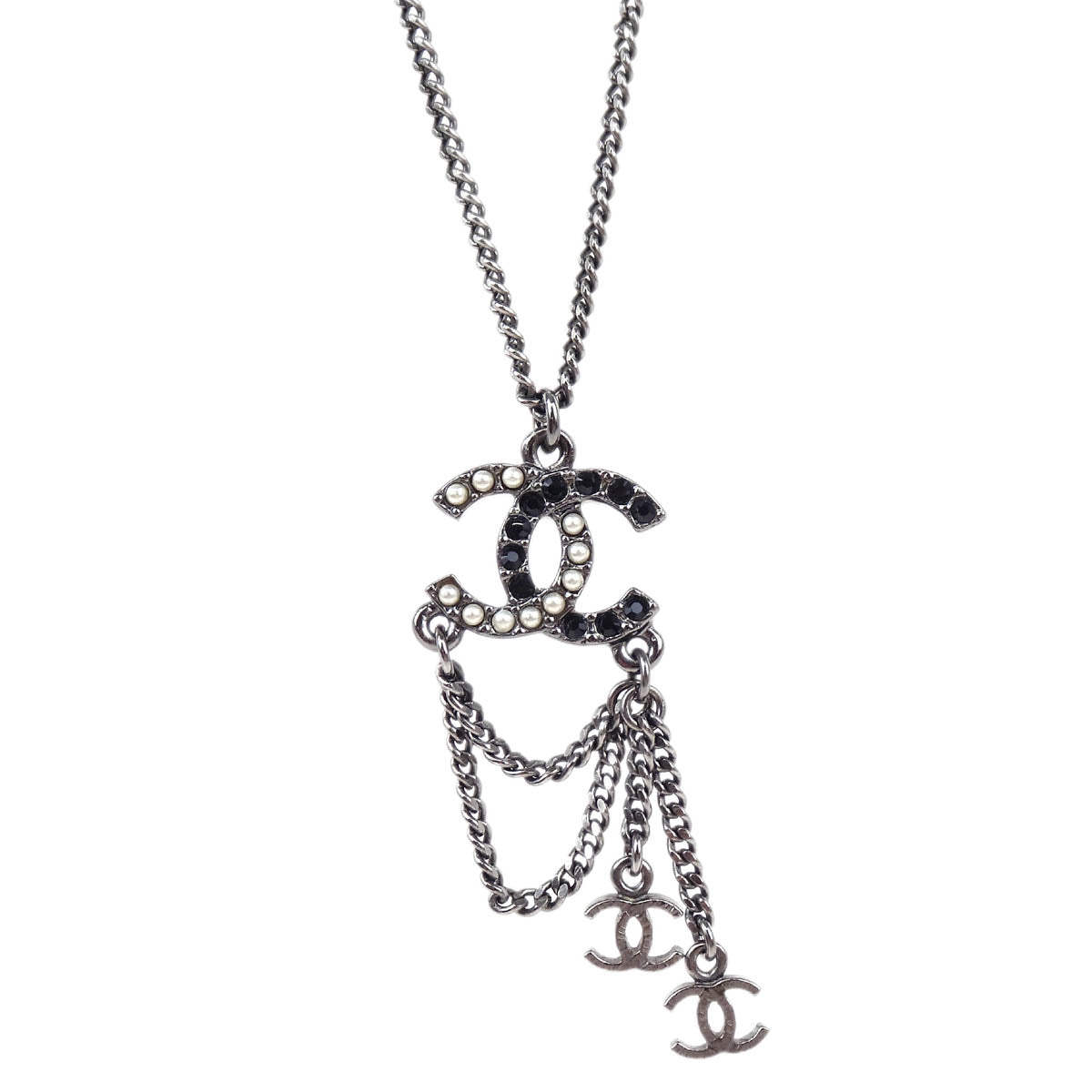 Chanel CC Chain Necklace Pendant Rhinestone Costume Pearl Silver A12P