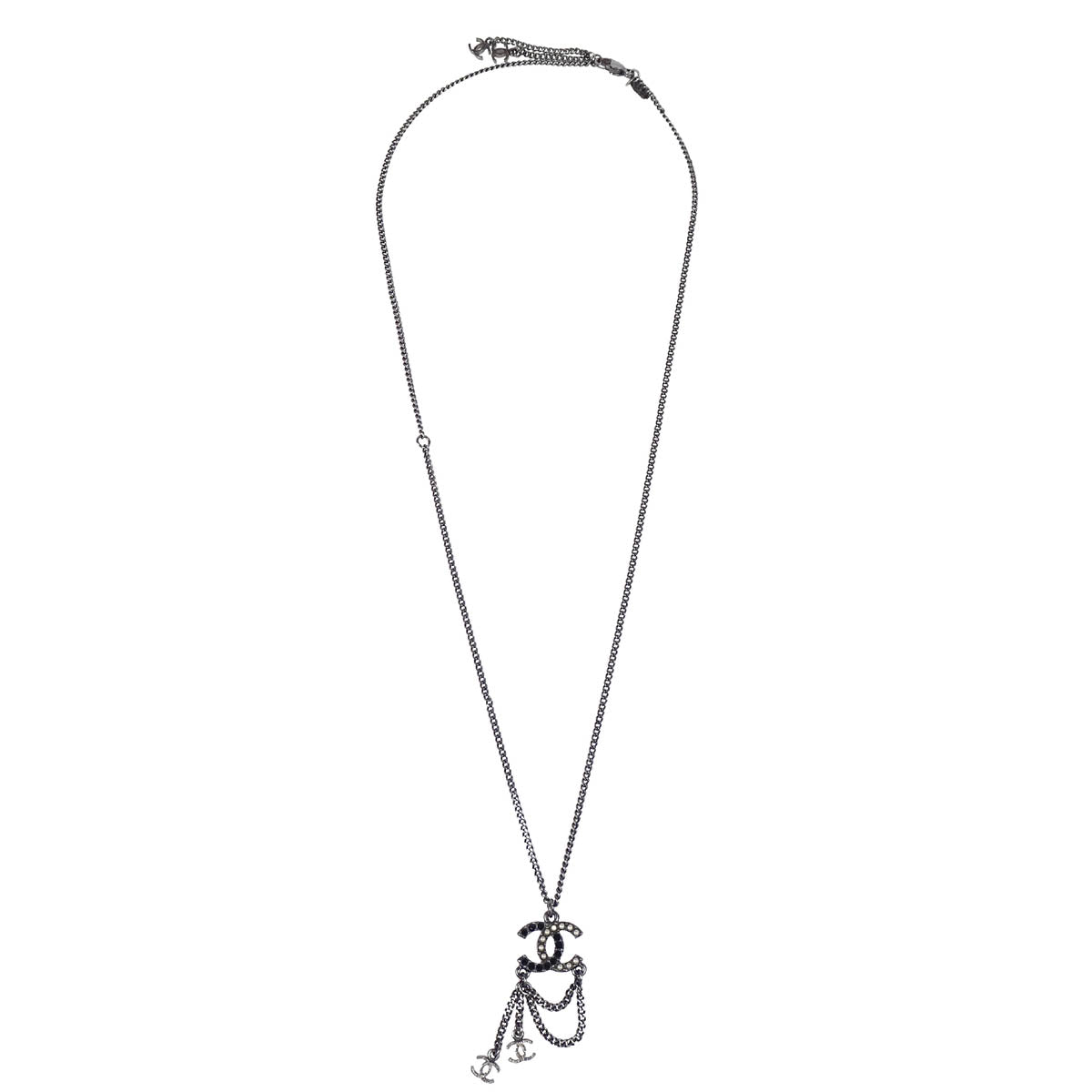 Chanel CC Chain Necklace Pendant Rhinestone Costume Pearl Silver A12P