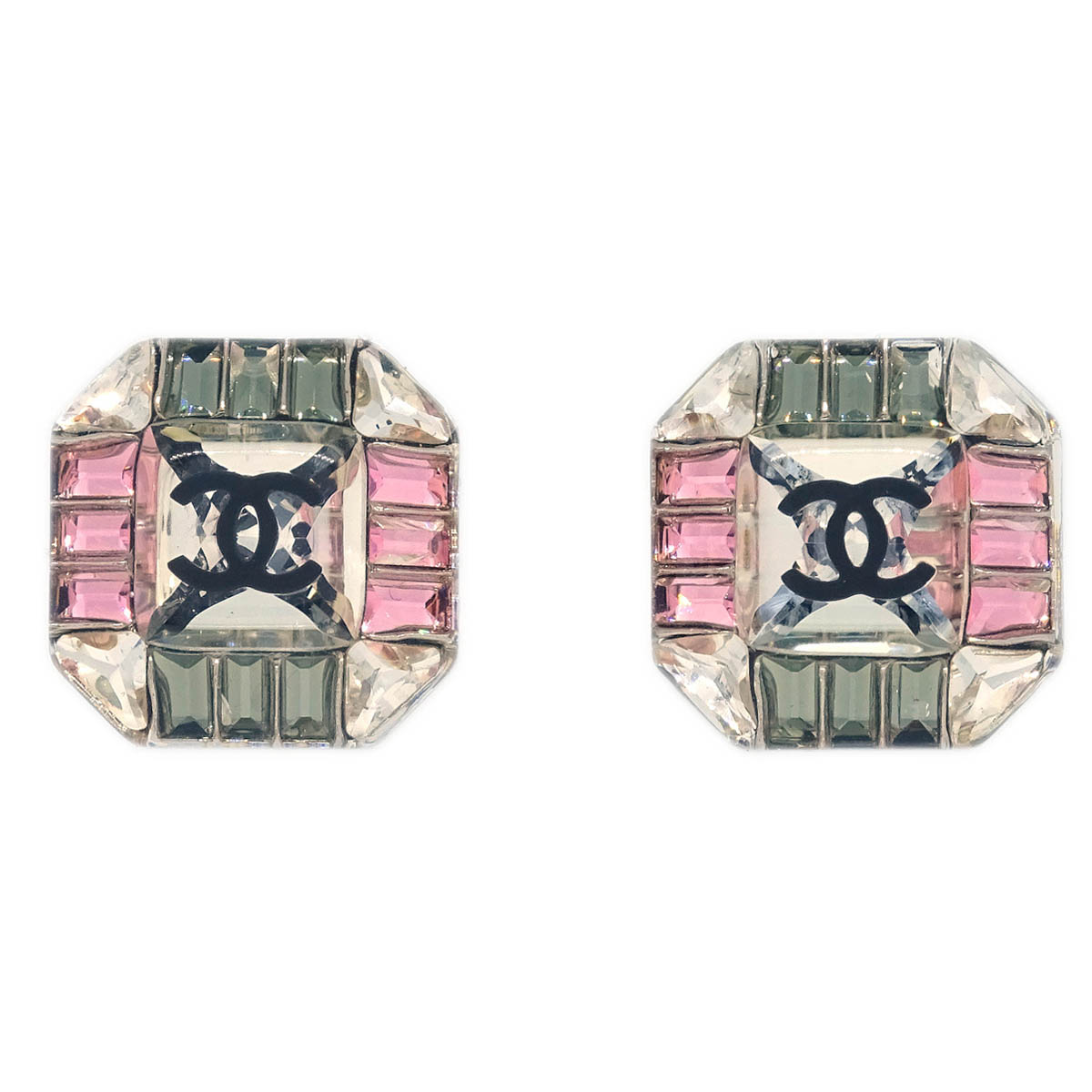 Chanel Octagon Piercing Earrings Silver Clear Rhinestone 15K