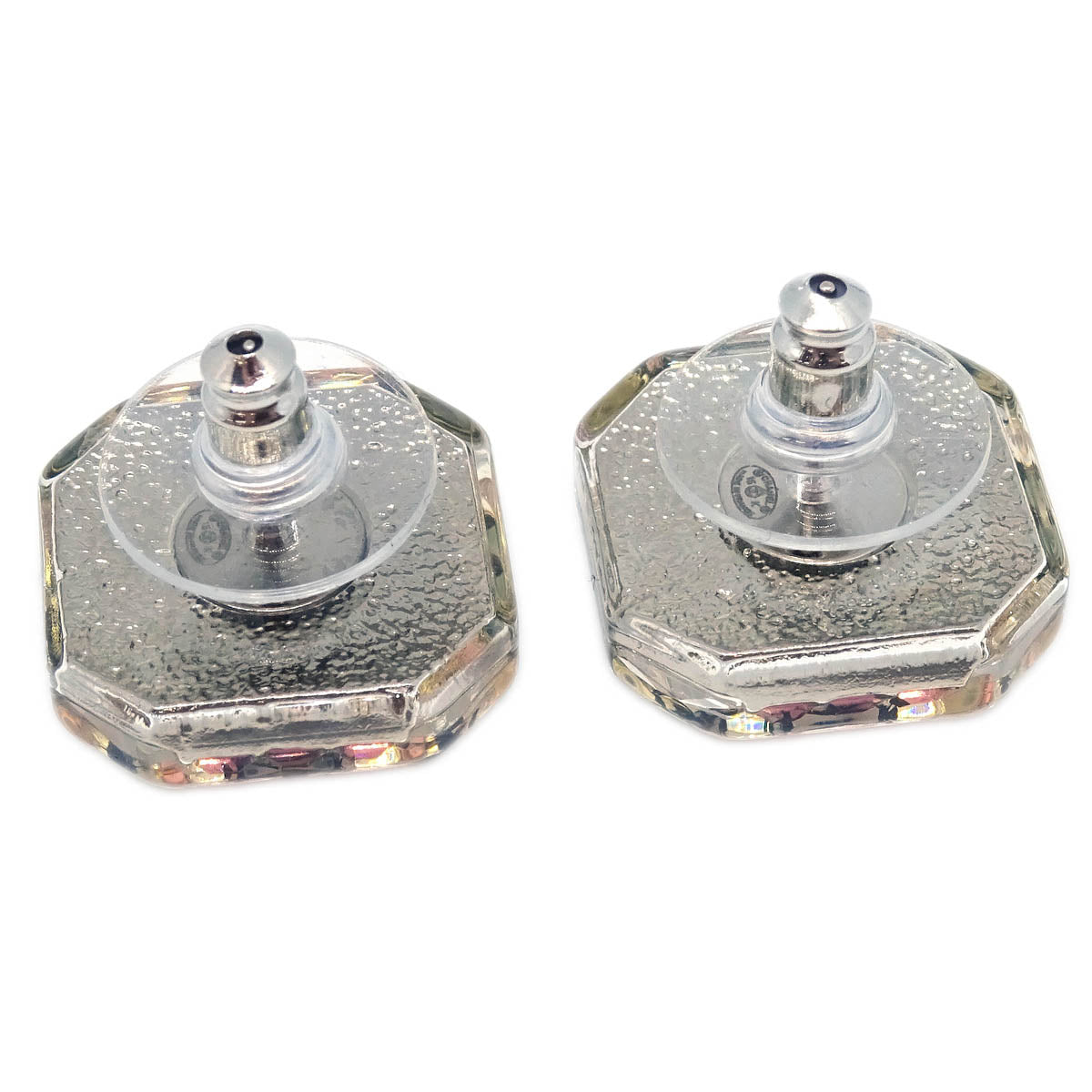 Chanel Octagon Piercing Earrings Silver Clear Rhinestone 15K
