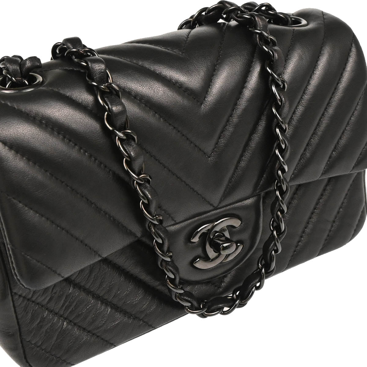 Chanel 2015-2016 Black Lambskin Chevron Single Flap Shoulder Bag