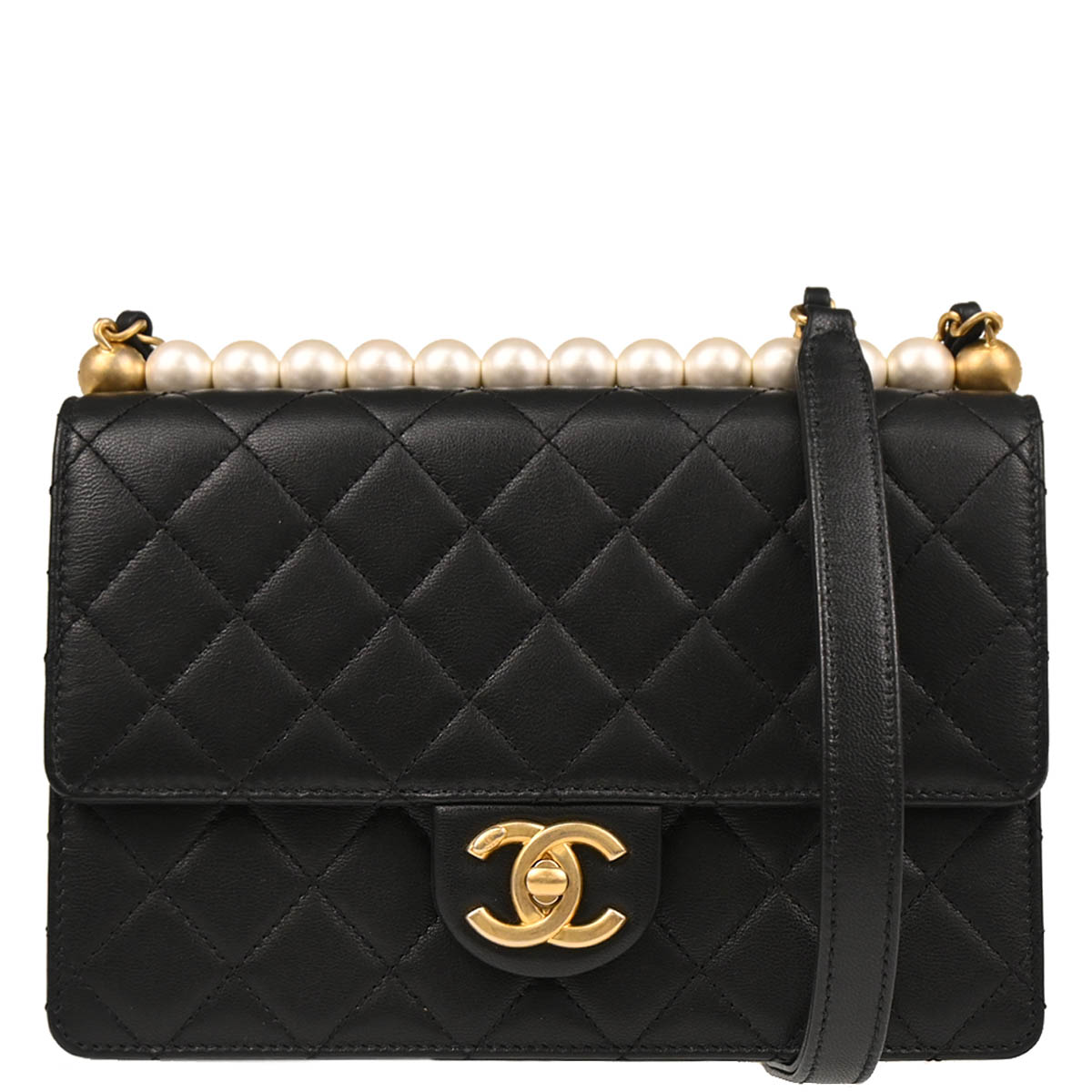 Chanel 2019 Black Lambskin Costume Pearl Single Flap Shoulder Bag