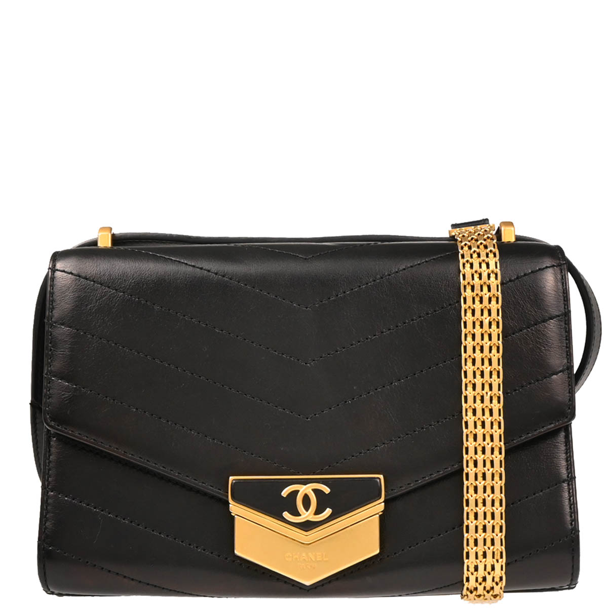 Chanel 2018-2019 Black Lambskin Chevron Medal Flap Shoulder Bag