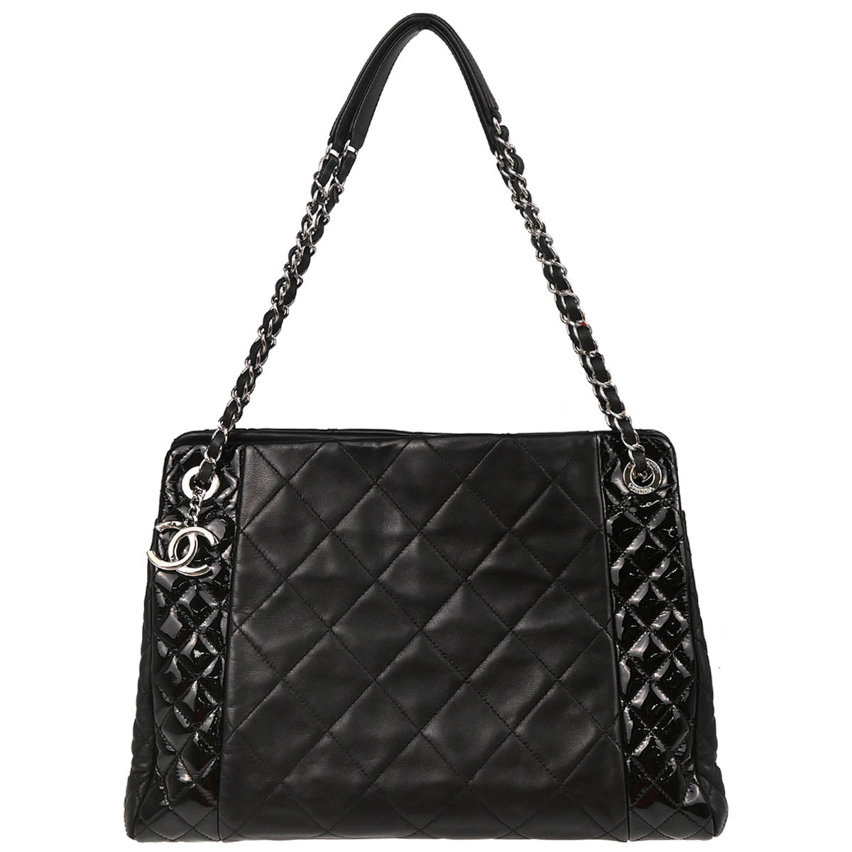 Chanel 2014 Black Lambskin Patent Leather Chain Tote Handbag