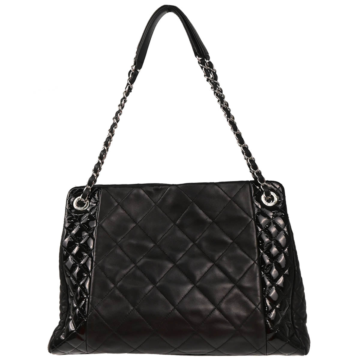 Chanel 2014 Black Lambskin Patent Leather Chain Tote Handbag