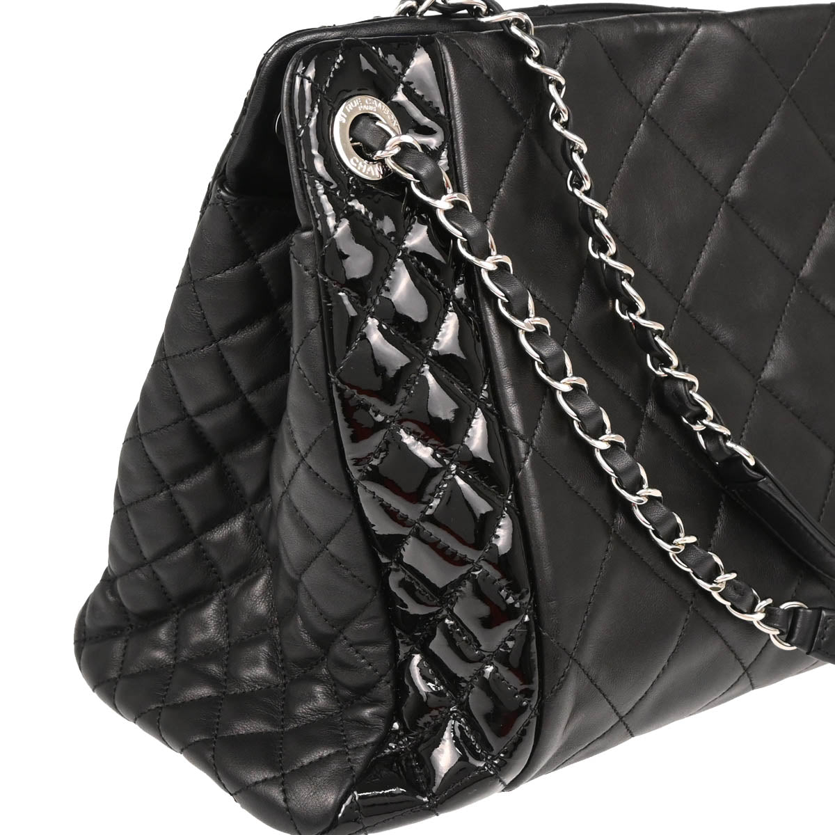 Chanel 2014 Black Lambskin Patent Leather Chain Tote Handbag